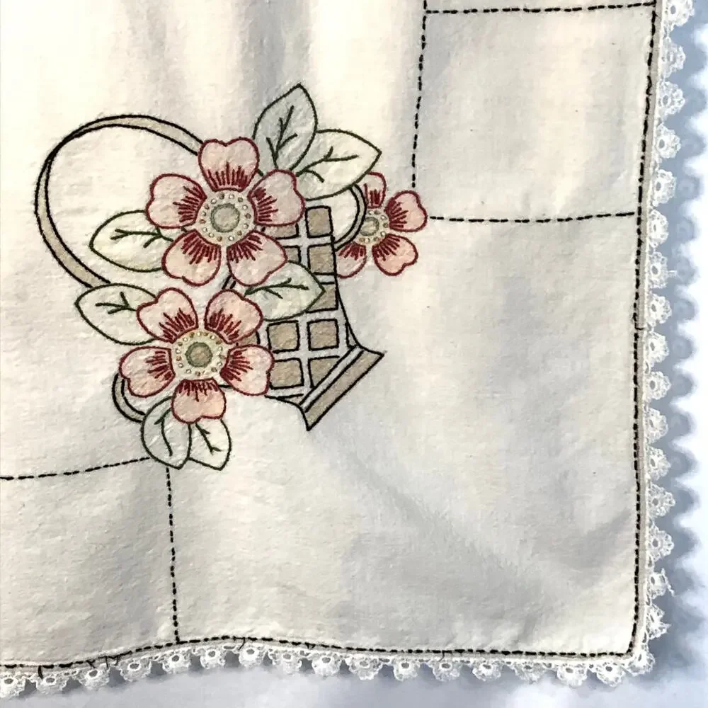 Tablecloth Baskets Of Flowers With Lace Edge Vintage 1960-70s Hand Embroidered